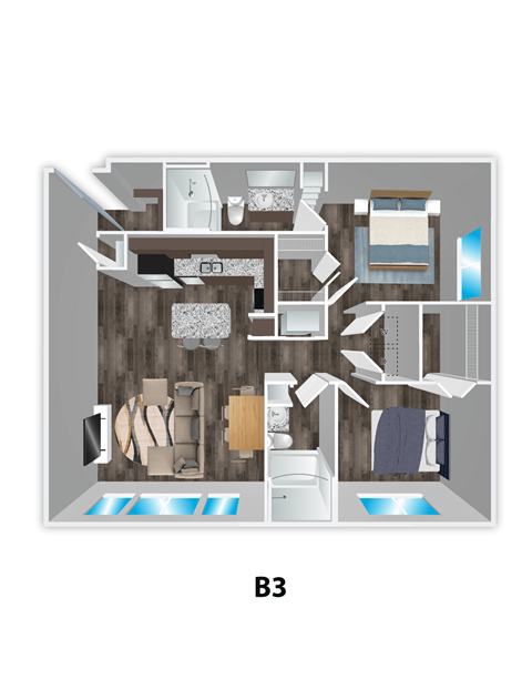 Floor plan for 2 beds, 2 baths, 1173 sqft